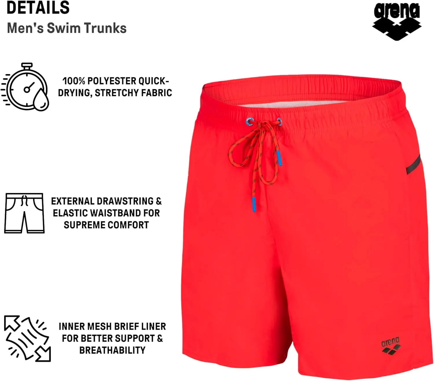 ARENA Men's Icons Solid Beach Short Boxers Swimming Bermuda with Mesh Inner Brief, Side Pockets, Pool Beach Vacation Swimsuit