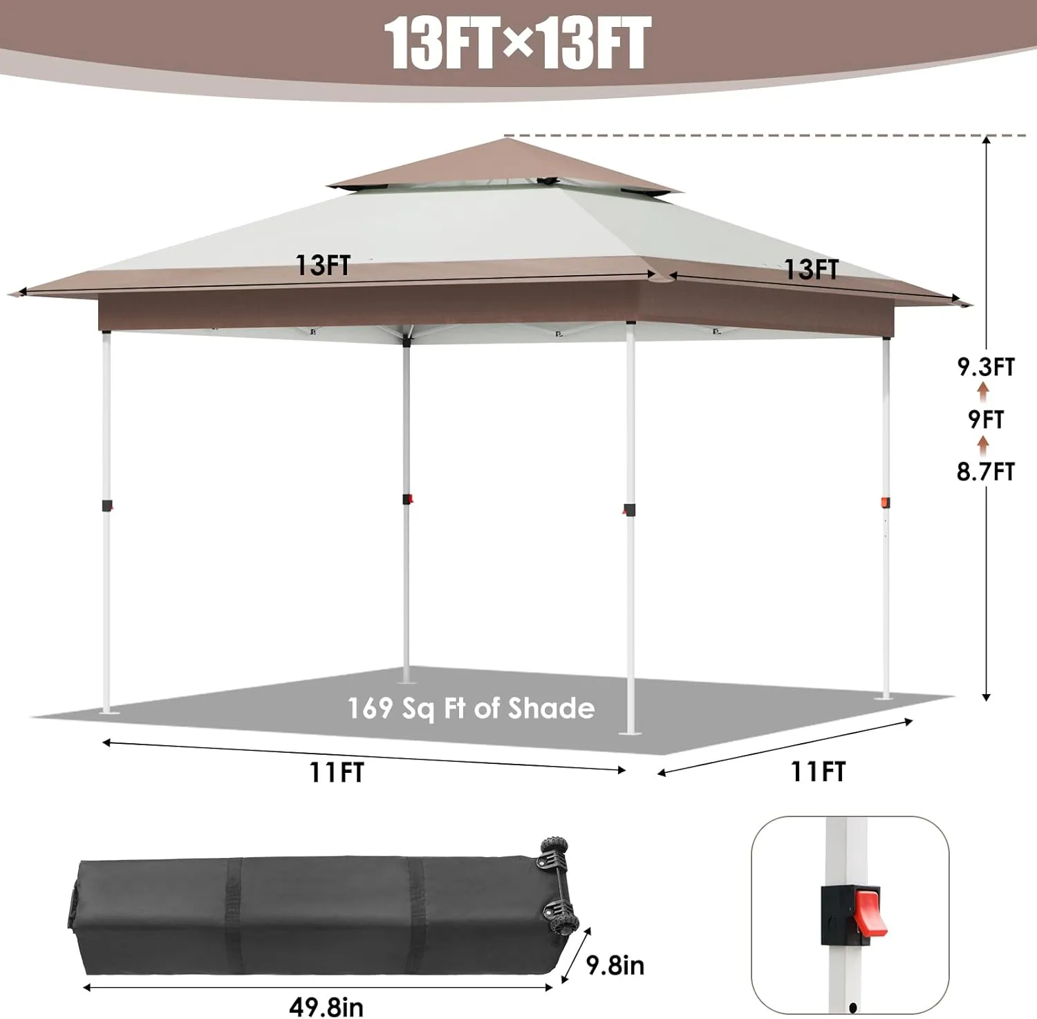 Arlopu Pop Up Canopy Tent with 1-Person Set up, Camping Instant Durable Shelter, Outdoor Gazebo Beach Shade with Wheeled Bag, 4 Sand Bags for Weight (Khaki, 13FTX13FT)