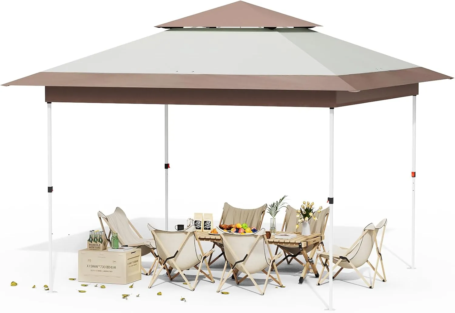 Arlopu Pop Up Canopy Tent with 1-Person Set up, Camping Instant Durable Shelter, Outdoor Gazebo Beach Shade with Wheeled Bag, 4 Sand Bags for Weight (Khaki, 13FTX13FT)