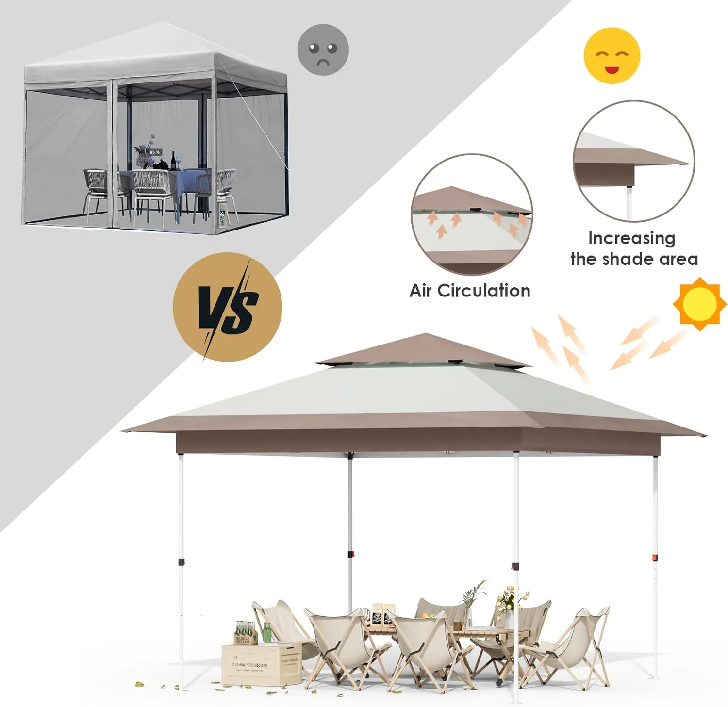 Arlopu Pop Up Canopy Tent with 1-Person Set up, Camping Instant Durable Shelter, Outdoor Gazebo Beach Shade with Wheeled Bag, 4 Sand Bags for Weight (Khaki, 13FTX13FT)