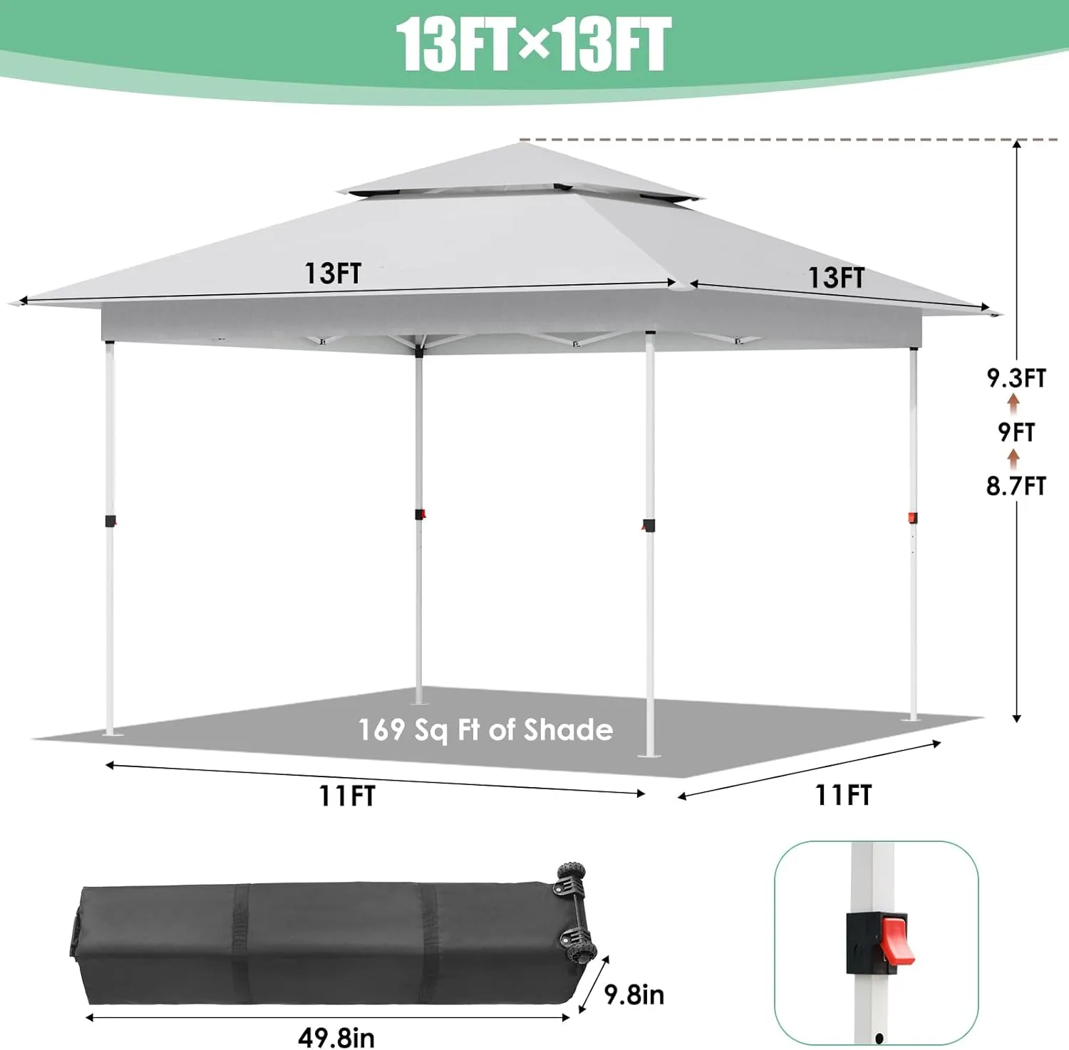 Arlopu Pop Up Canopy Tent with 1-Person Set up, Camping Instant Durable Shelter, Outdoor Gazebo Beach Shade with Wheeled Bag, 4 Sand Bags for Weight (White, 13FTX13FT)