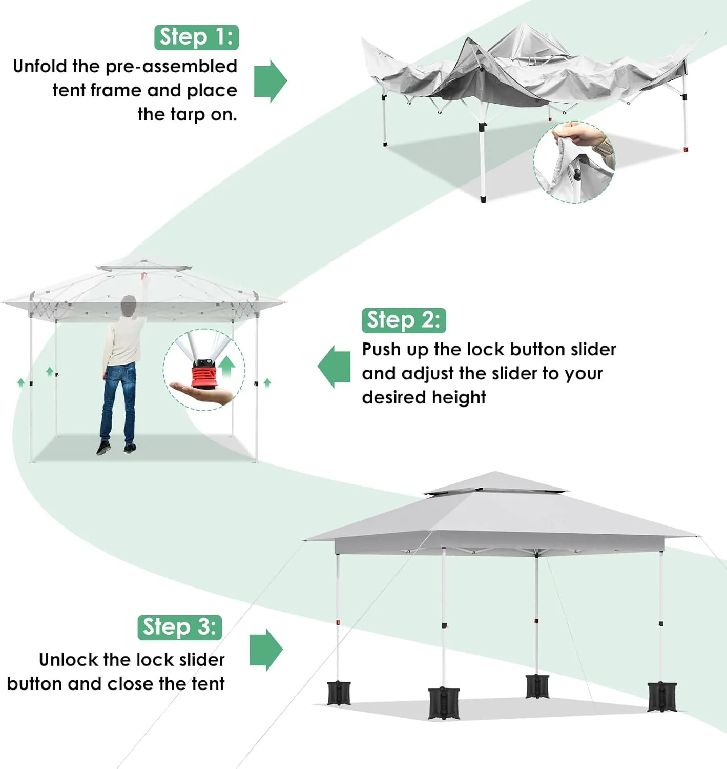 Arlopu Pop Up Canopy Tent with 1-Person Set up, Camping Instant Durable Shelter, Outdoor Gazebo Beach Shade with Wheeled Bag, 4 Sand Bags for Weight (White, 13FTX13FT)