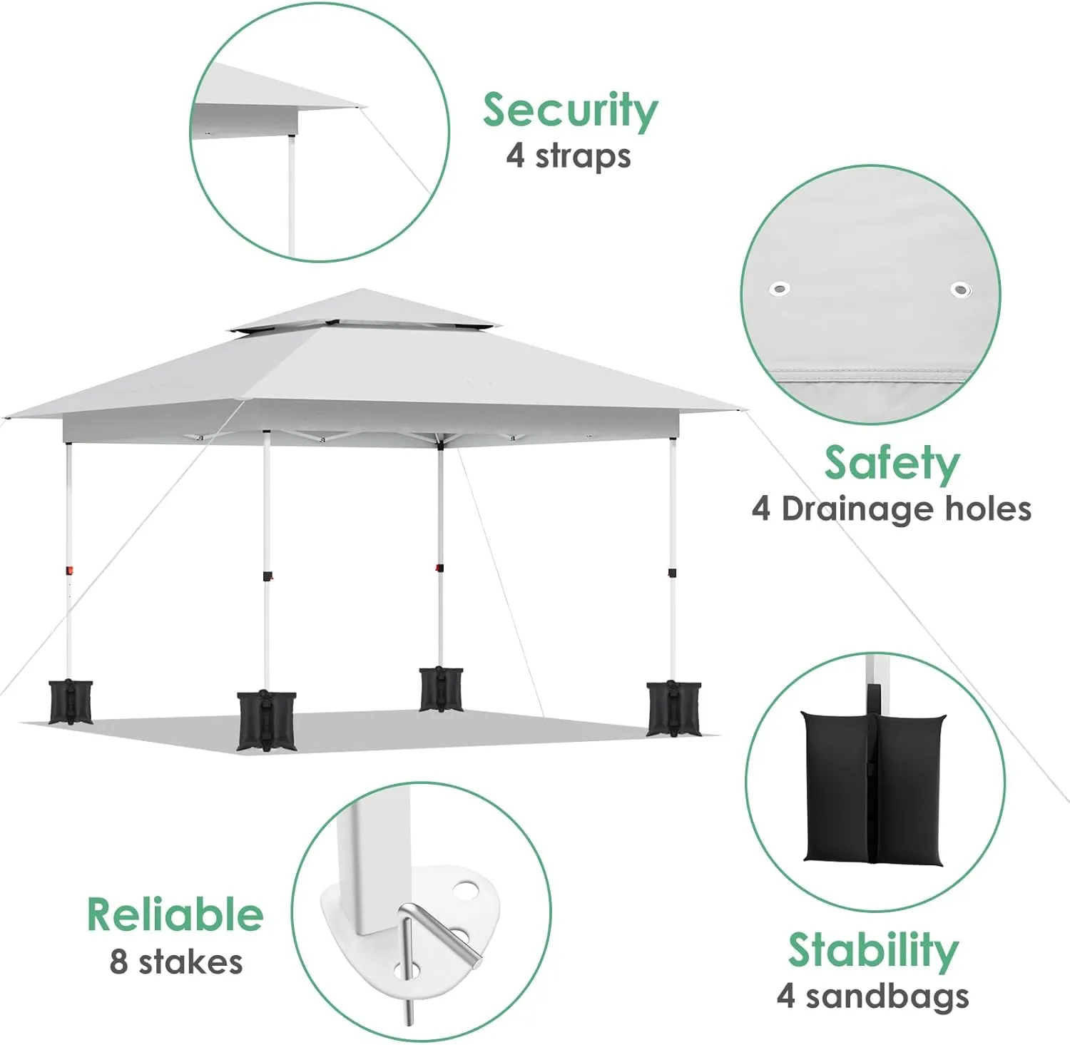 Arlopu Pop Up Canopy Tent with 1-Person Set up, Camping Instant Durable Shelter, Outdoor Gazebo Beach Shade with Wheeled Bag, 4 Sand Bags for Weight (White, 13FTX13FT)