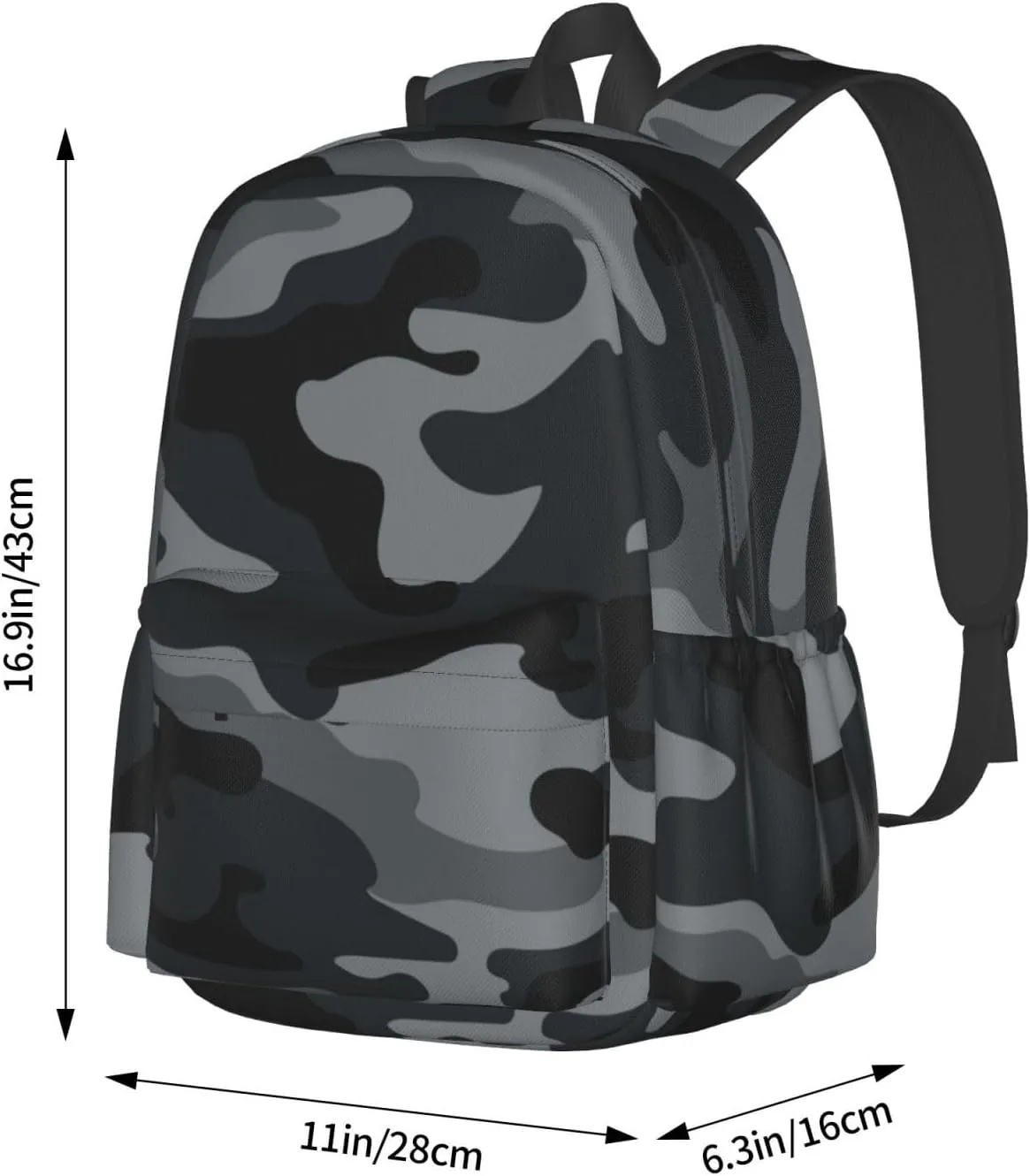 Army Camouflage Laptop Backpack For Men Women, Black And Grey Camo Lightweight Daypack Bookbag For Daily Commutes Business Travel Hiking