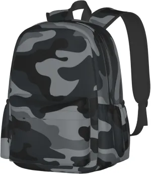 Army Camouflage Laptop Backpack For Men Women, Black And Grey Camo Lightweight Daypack Bookbag For Daily Commutes Business Travel Hiking