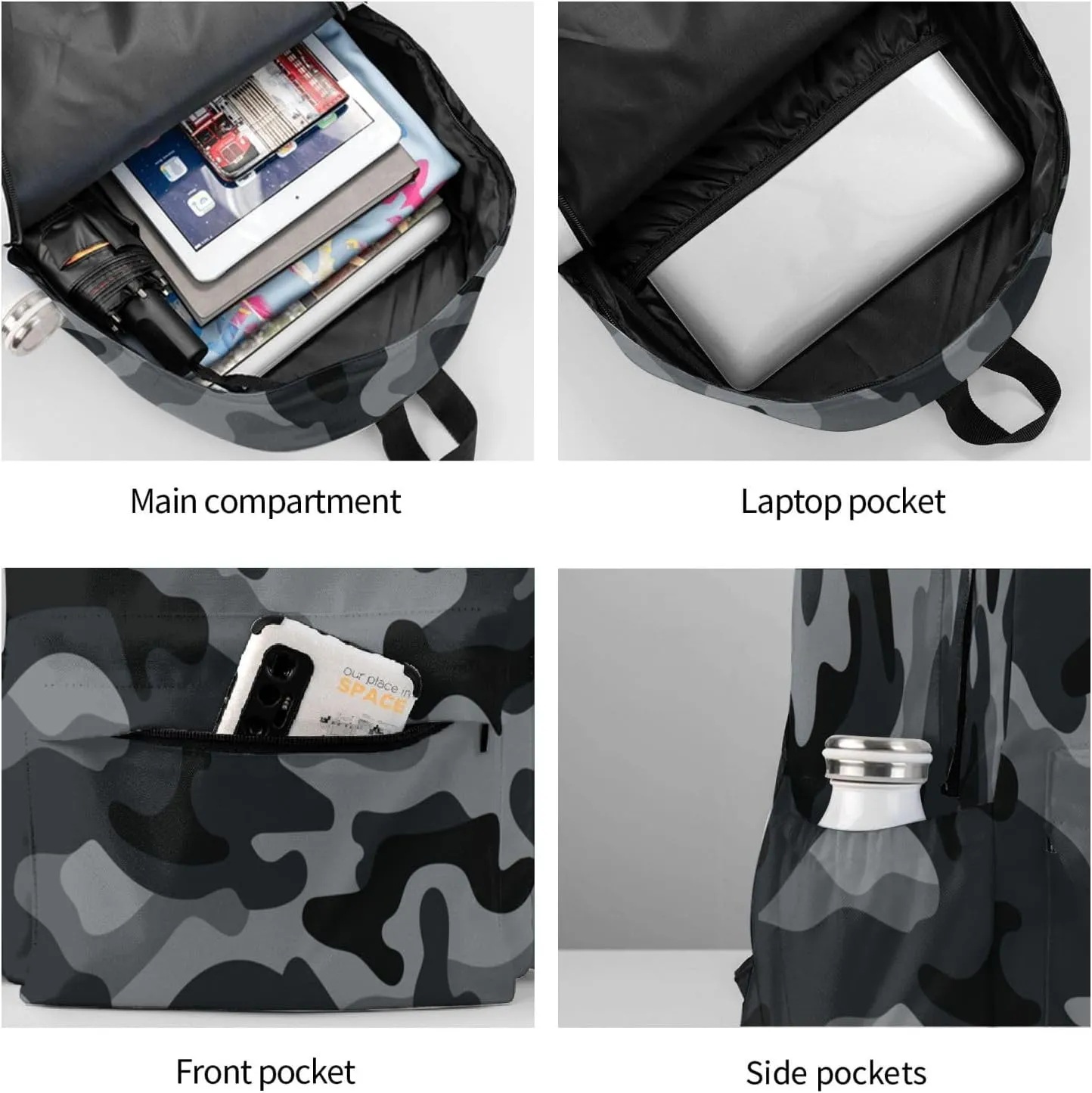 Army Camouflage Laptop Backpack For Men Women, Black And Grey Camo Lightweight Daypack Bookbag For Daily Commutes Business Travel Hiking