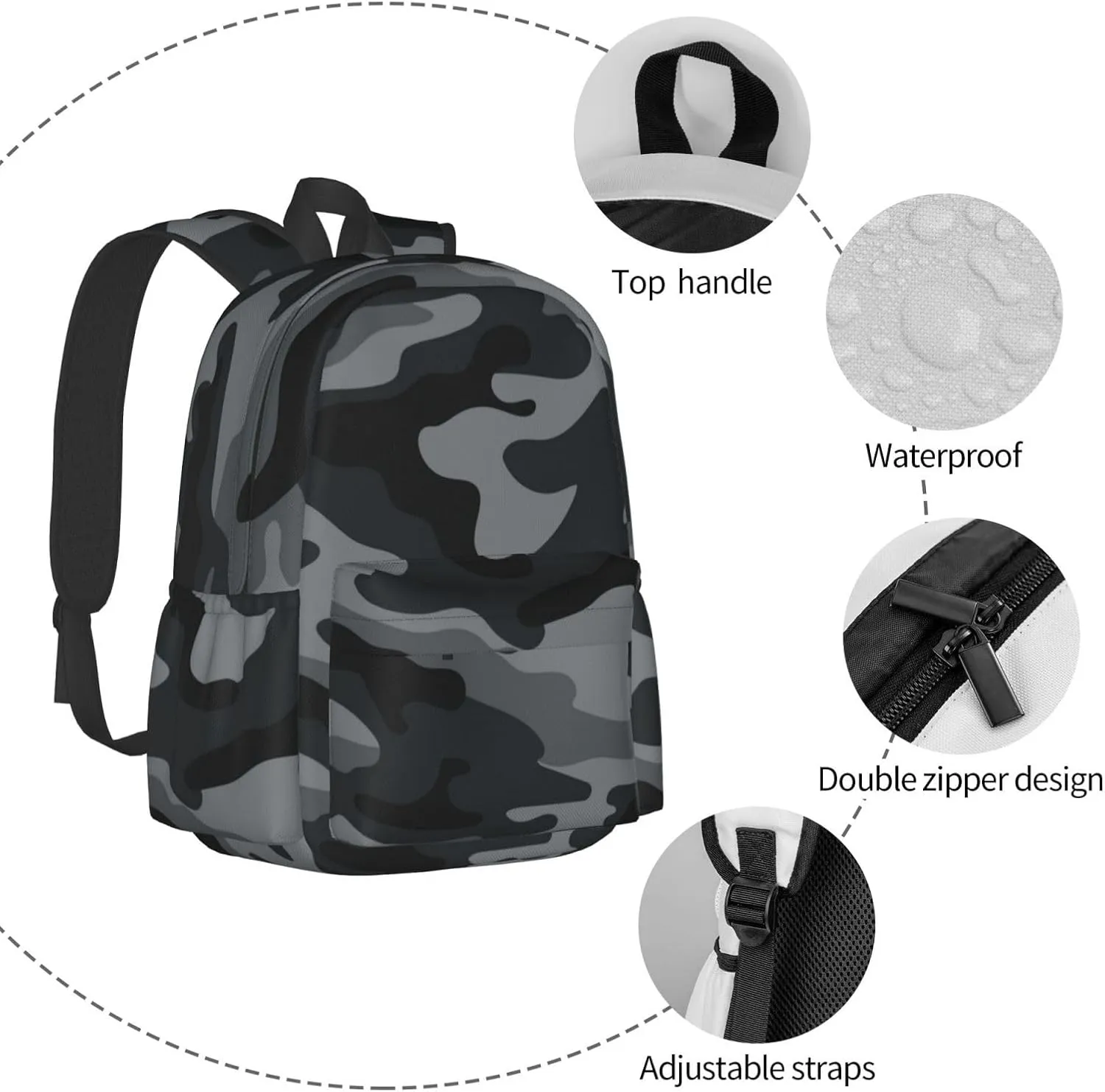 Army Camouflage Laptop Backpack For Men Women, Black And Grey Camo Lightweight Daypack Bookbag For Daily Commutes Business Travel Hiking