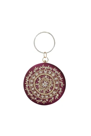 Art Silk Embroidered Round Clutch In Purple Color