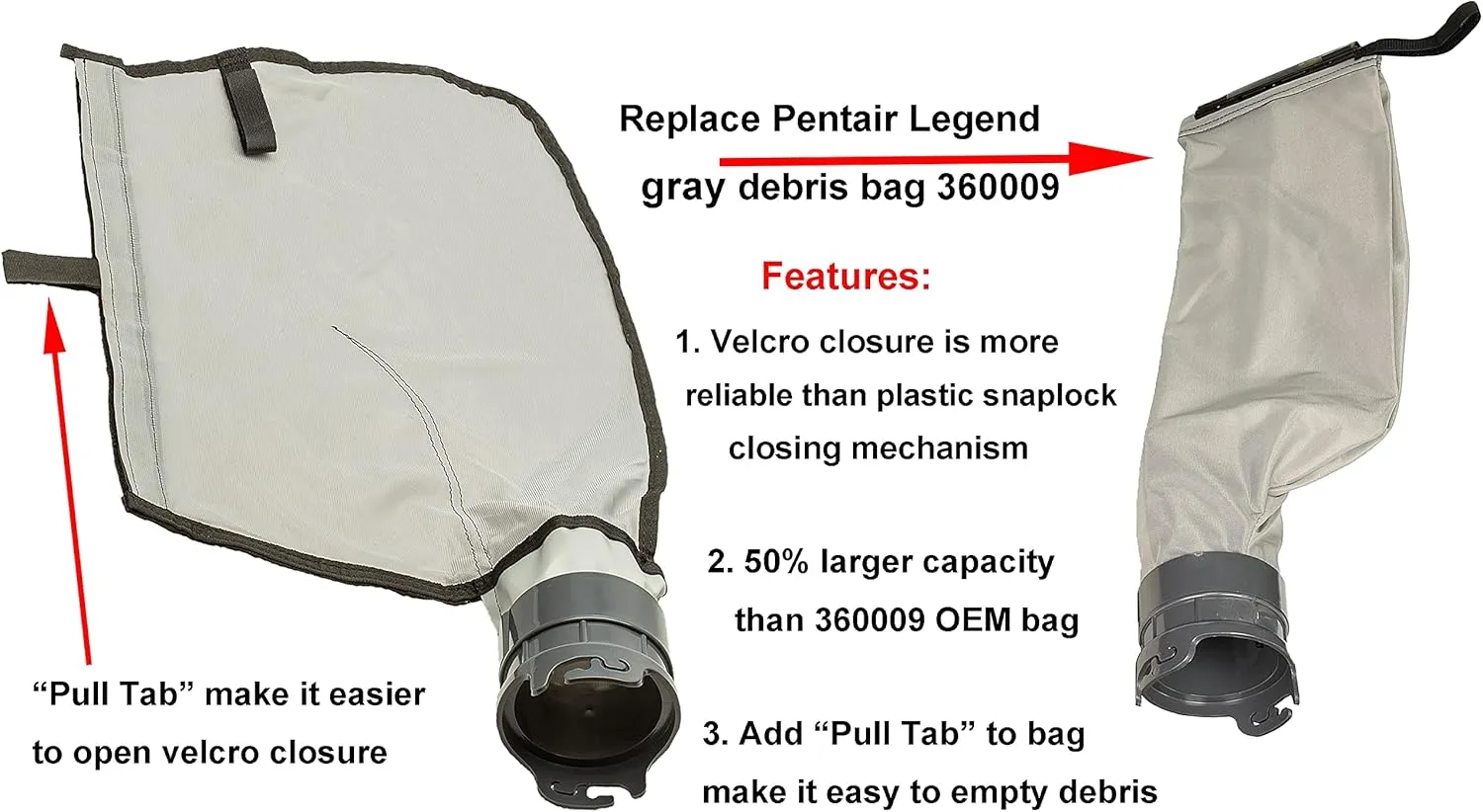 ATIE Pool Cleaner Gray Fine Mesh Bag with Hook and Loop Fastener Enclosure for Pentair Kreepy Krauly Legend, Platinum Pool Cleaner Debris Bags 360009/EU16G with Snaplock - Gray (2 Pack)