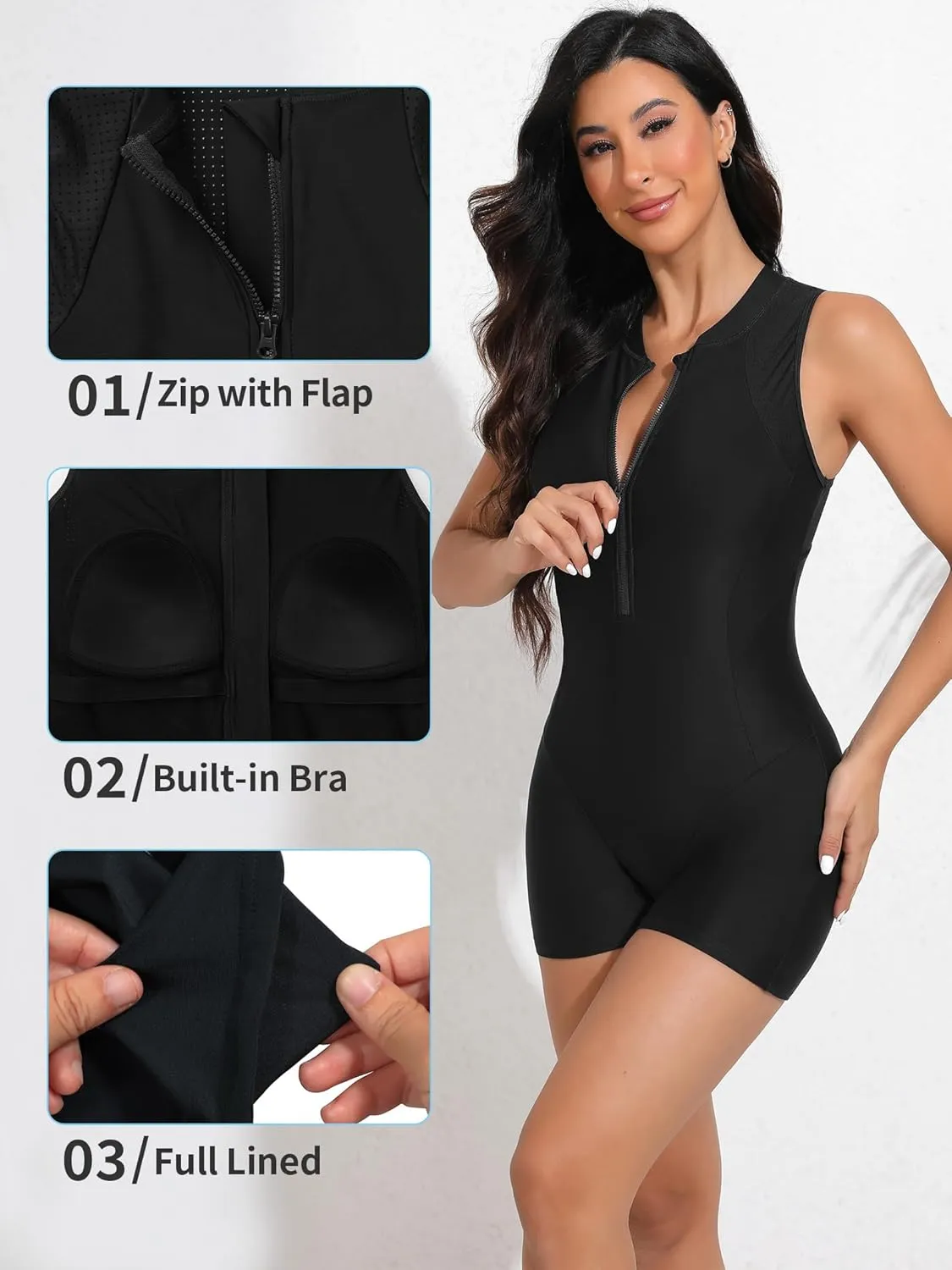 ATTRACO Athletic One Piece Swimsuits for Women Zipper Up Bathing Suits Modest Boyleg Swimwear