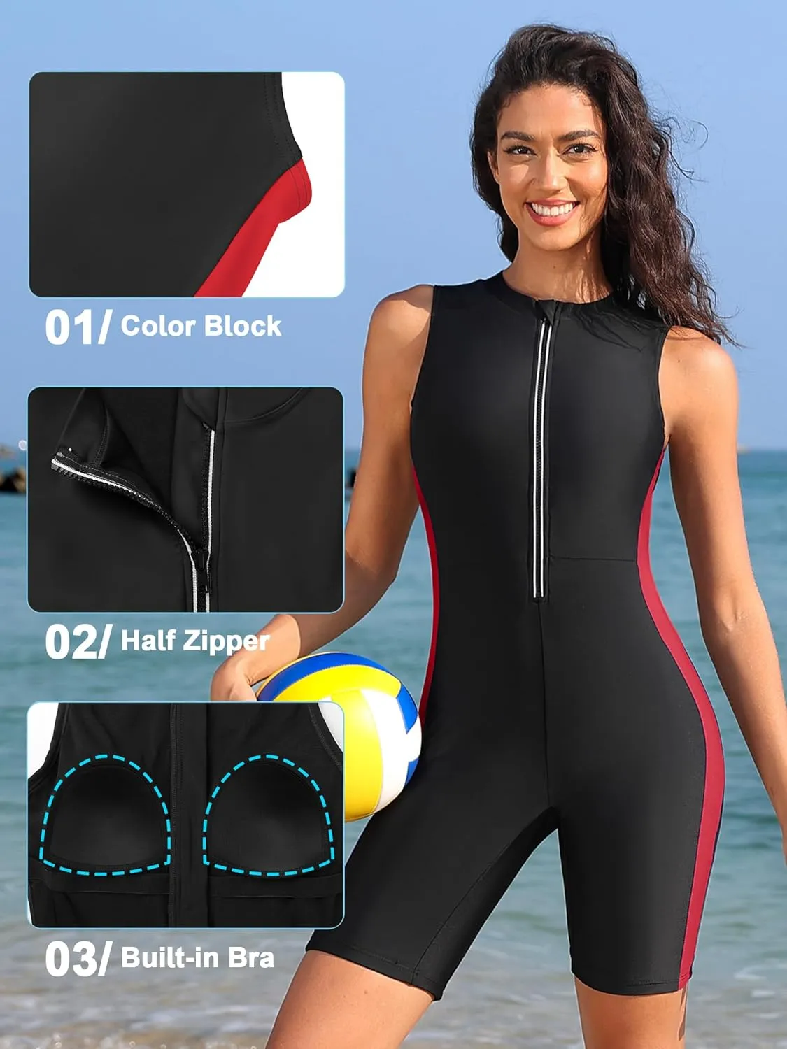 ATTRACO Boyleg One Piece Swimsuits for Women Athletic Bathing Suits Color Block Zip Up Swimwear