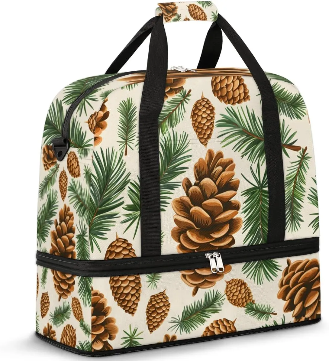 Autumn Pine Leaves Pine Cones Travel Duffel Bag for Women Men Weekender Overnight Bag with Shoe Compartment Foldable Sports Gym Luggage Bag