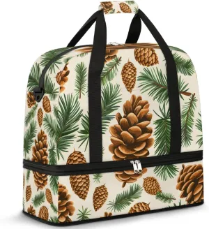 Autumn Pine Leaves Pine Cones Travel Duffel Bag for Women Men Weekender Overnight Bag with Shoe Compartment Foldable Sports Gym Luggage Bag