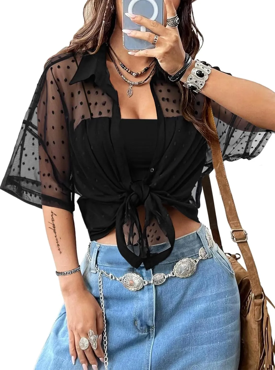 Avanova Women See Through Mesh Button Down Top Half Sleeve Collared Shirt Blouse