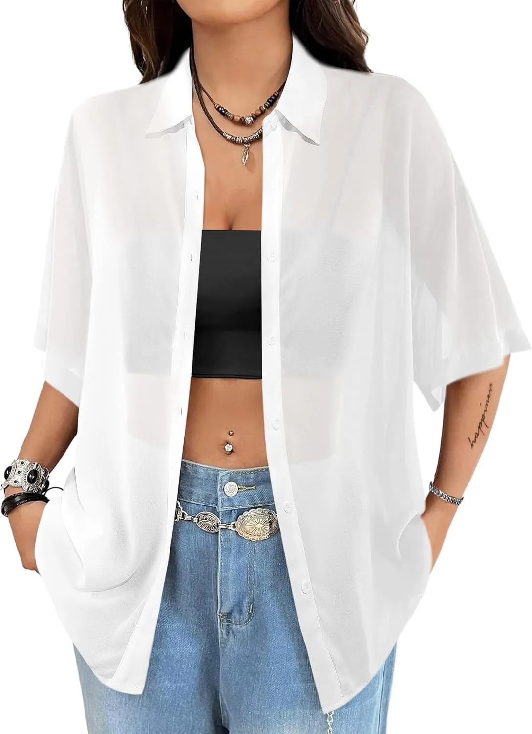 Avanova Women See Through Mesh Button Down Top Half Sleeve Collared Shirt Blouse