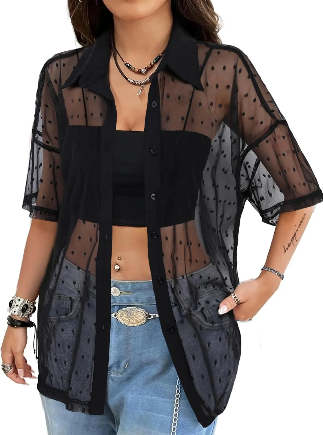 Avanova Women See Through Mesh Button Down Top Half Sleeve Collared Shirt Blouse