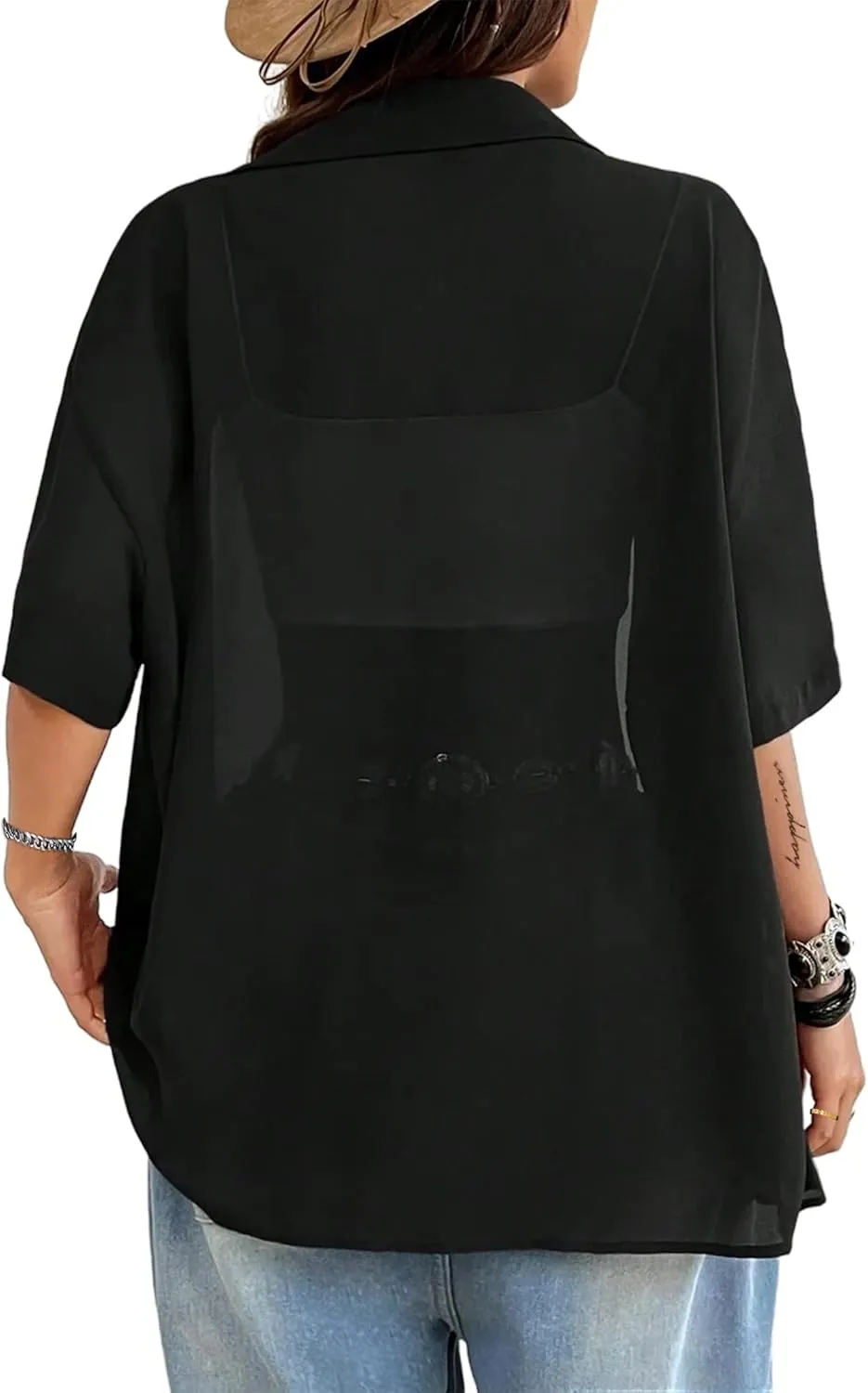 Avanova Women See Through Mesh Button Down Top Half Sleeve Collared Shirt Blouse