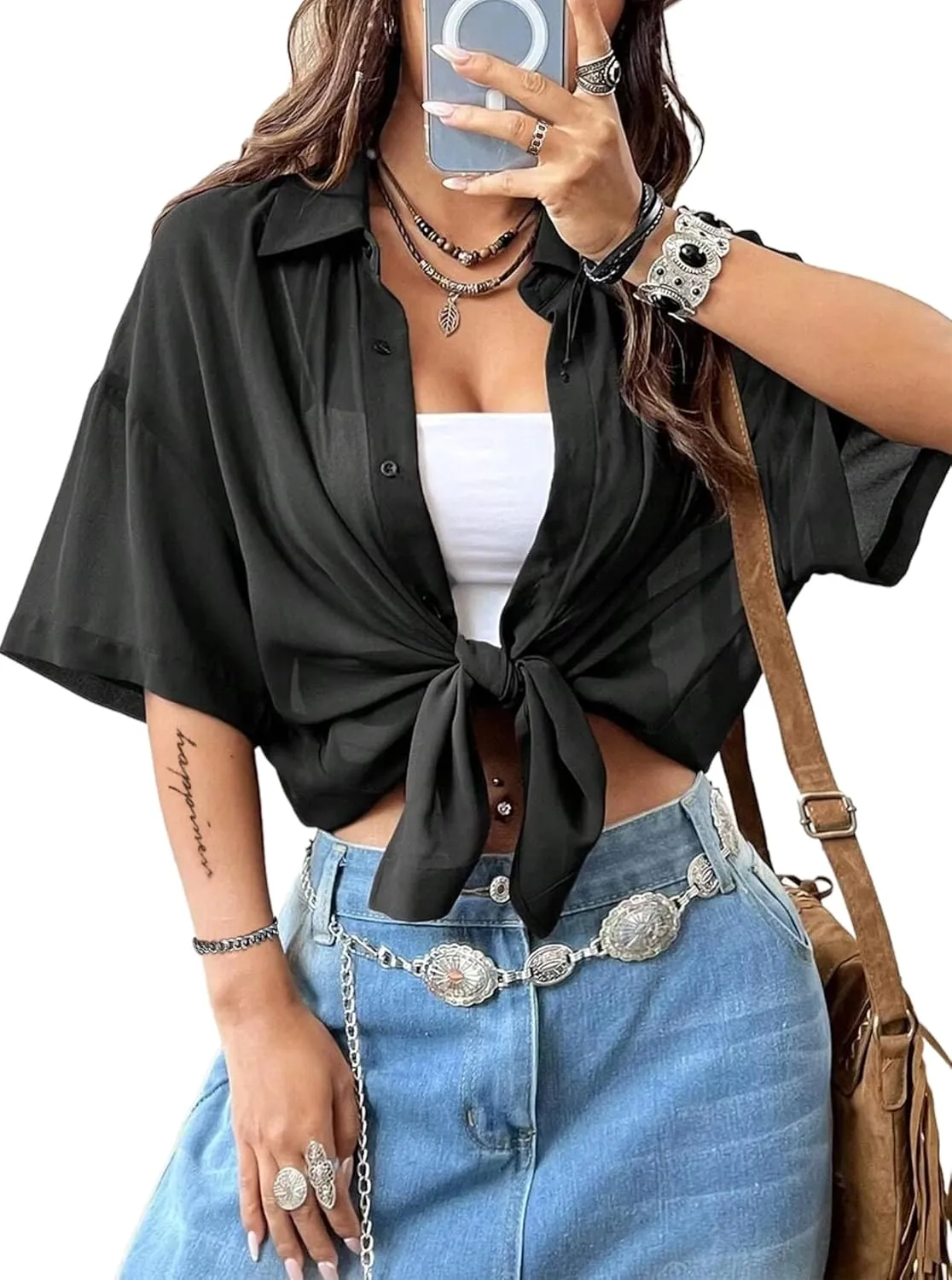 Avanova Women See Through Mesh Button Down Top Half Sleeve Collared Shirt Blouse