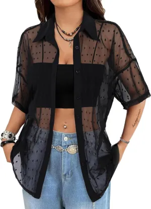 Avanova Women See Through Mesh Button Down Top Half Sleeve Collared Shirt Blouse