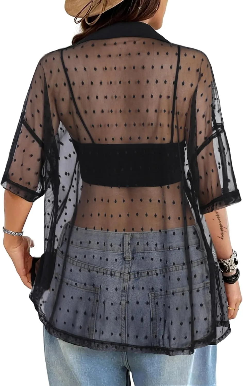 Avanova Women See Through Mesh Button Down Top Half Sleeve Collared Shirt Blouse