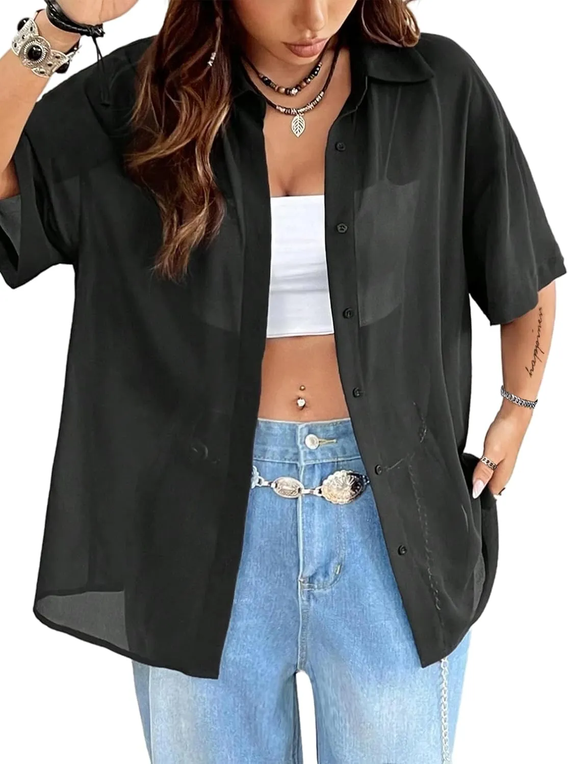 Avanova Women See Through Mesh Button Down Top Half Sleeve Collared Shirt Blouse
