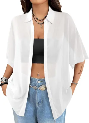Avanova Women See Through Mesh Button Down Top Half Sleeve Collared Shirt Blouse