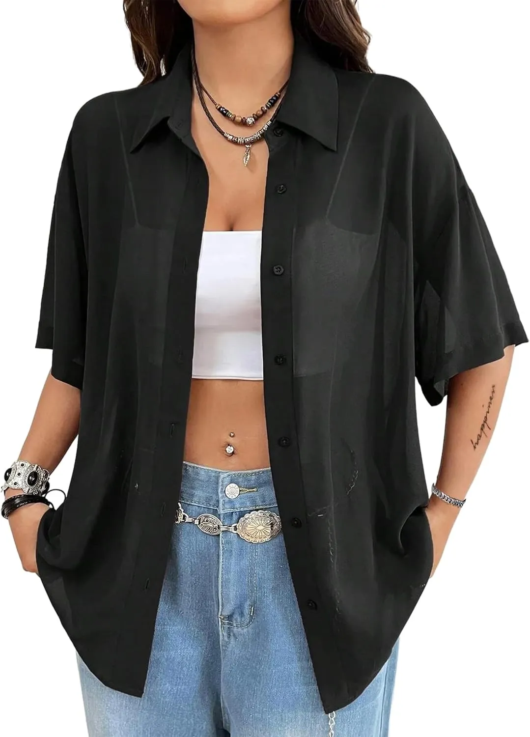 Avanova Women See Through Mesh Button Down Top Half Sleeve Collared Shirt Blouse
