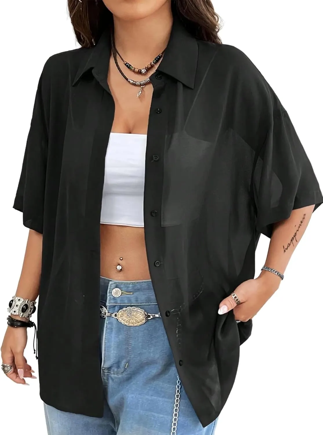 Avanova Women See Through Mesh Button Down Top Half Sleeve Collared Shirt Blouse