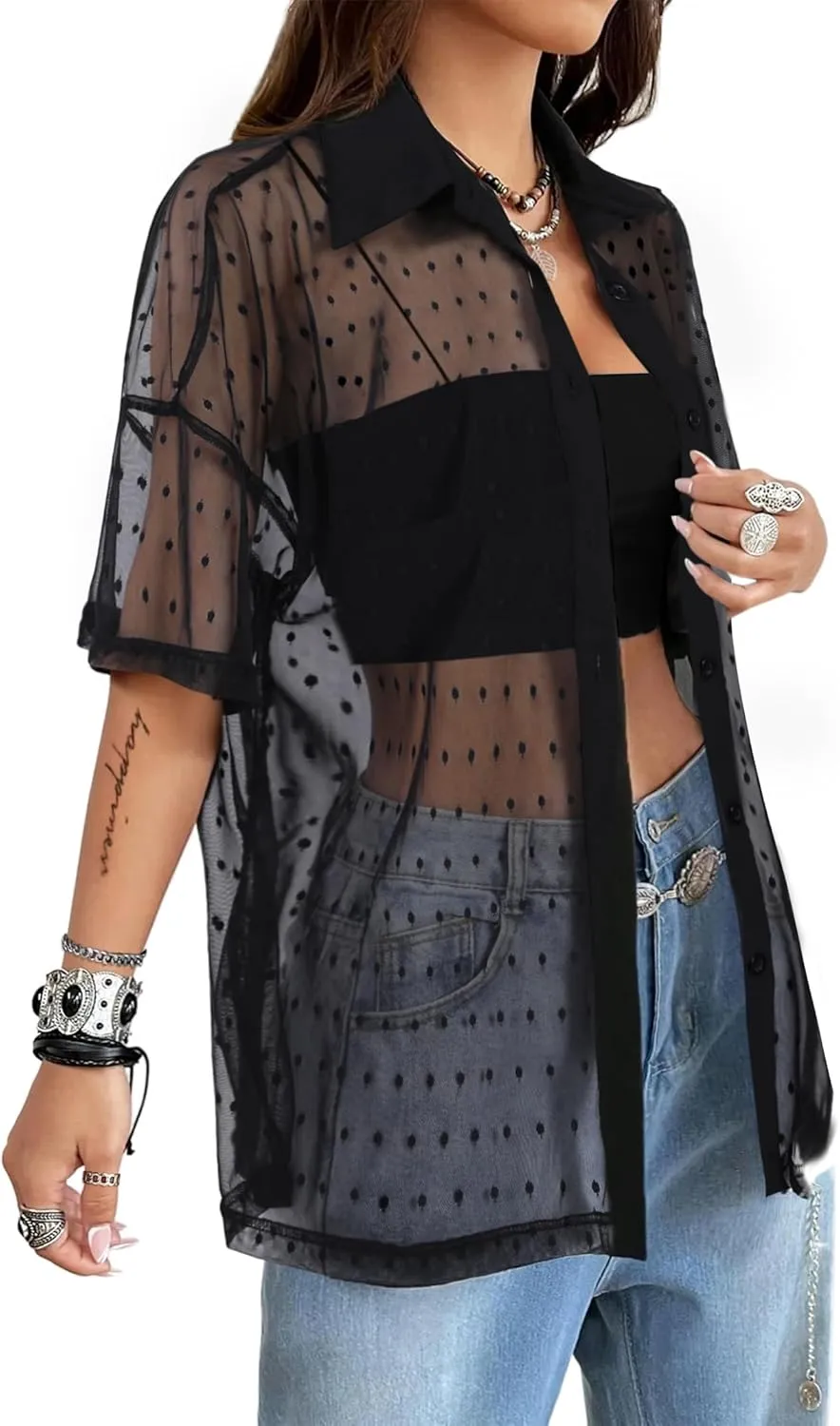 Avanova Women See Through Mesh Button Down Top Half Sleeve Collared Shirt Blouse