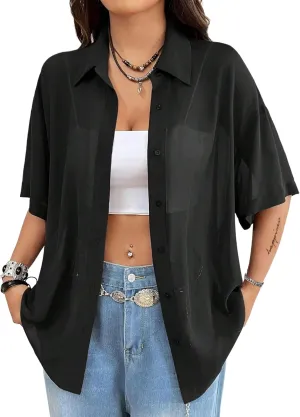 Avanova Women See Through Mesh Button Down Top Half Sleeve Collared Shirt Blouse