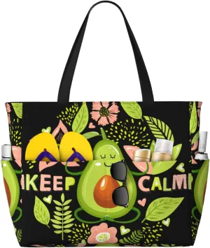 Avocado Keep Calm Large Beach Tote Bag for Women Extra Large Capacity Waterproof Sandproof Pool Bag Suitable for Gym Swimming Pool Travel Groceries