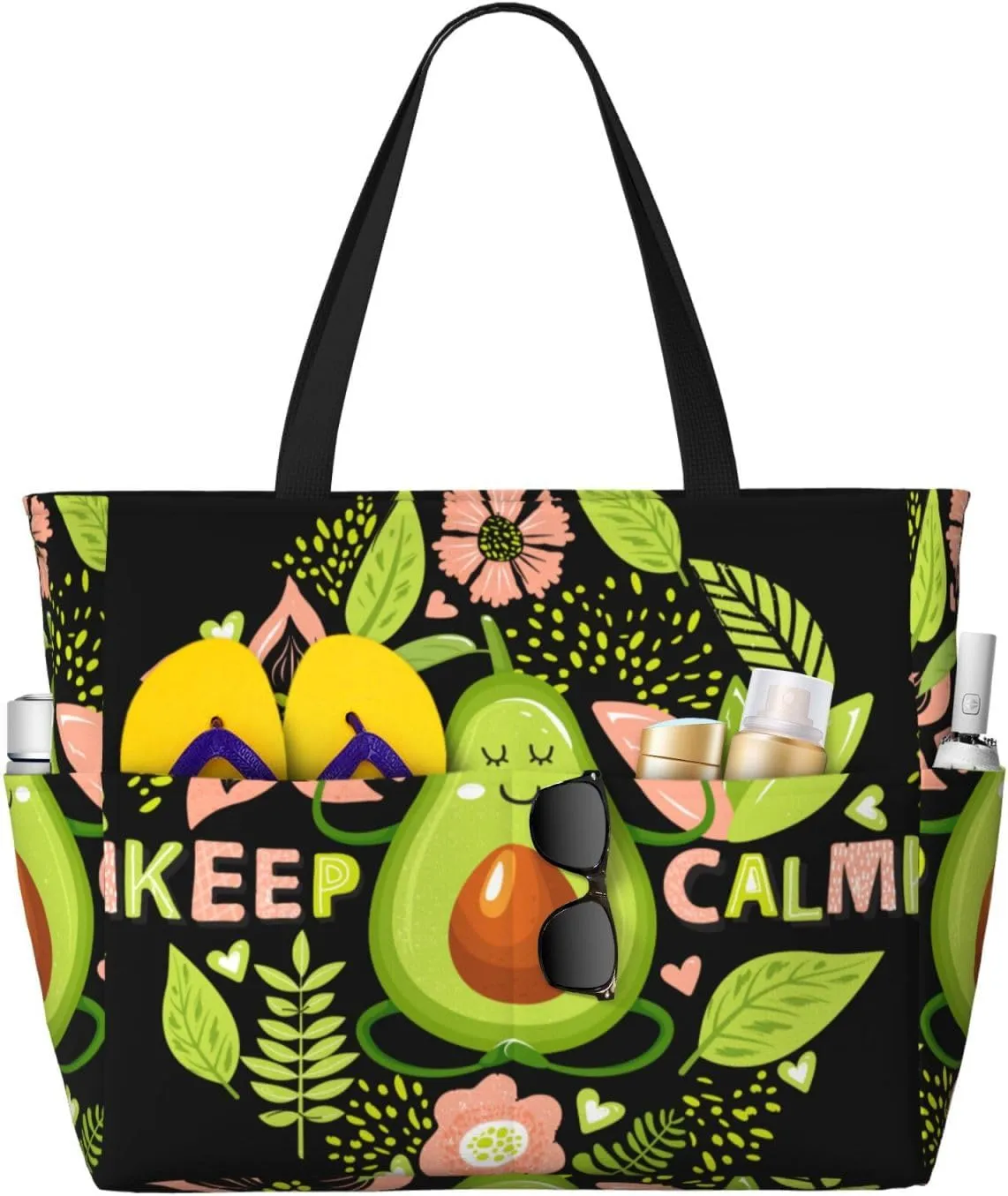 Avocado Keep Calm Large Beach Tote Bag for Women Extra Large Capacity Waterproof Sandproof Pool Bag Suitable for Gym Swimming Pool Travel Groceries