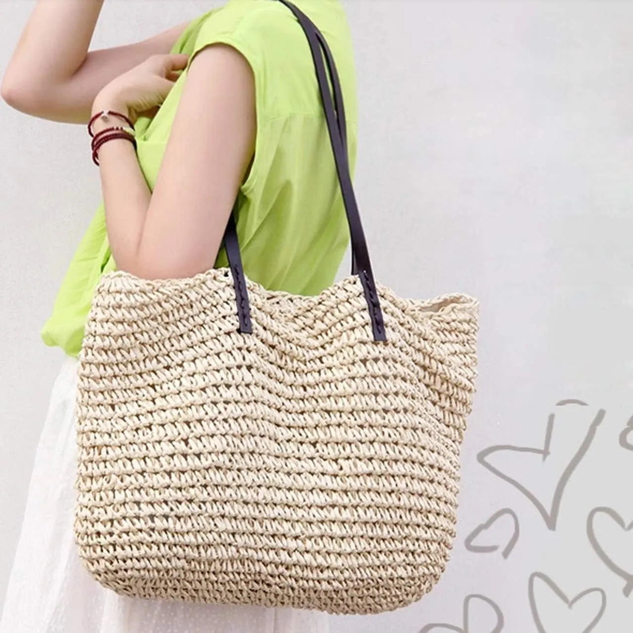 Ayliss Women Straw Woven Tote Large Beach Handmade Weaving Shoulder Bag Purse Straw Handbag