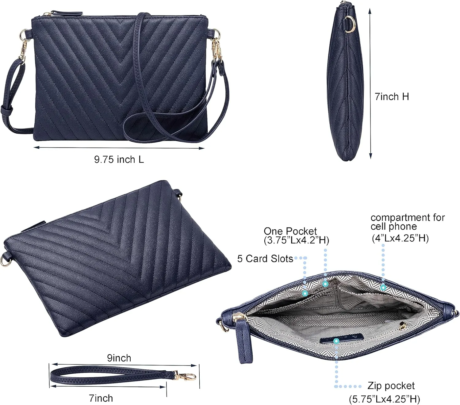 B BRENTANO Chevron Embroidered Crossbody Clutch Bag Pouch with Removable Wristlet & Adjustable Shoulder Strap