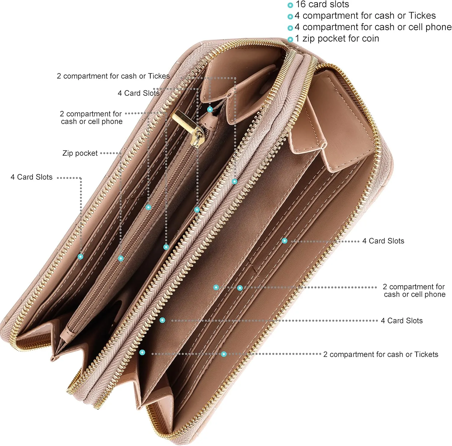 B BRENTANO Vegan Leather Double Zipper Pocket Wallet with Grip Hand Strap (Chevron Embroidered Almond Beige)