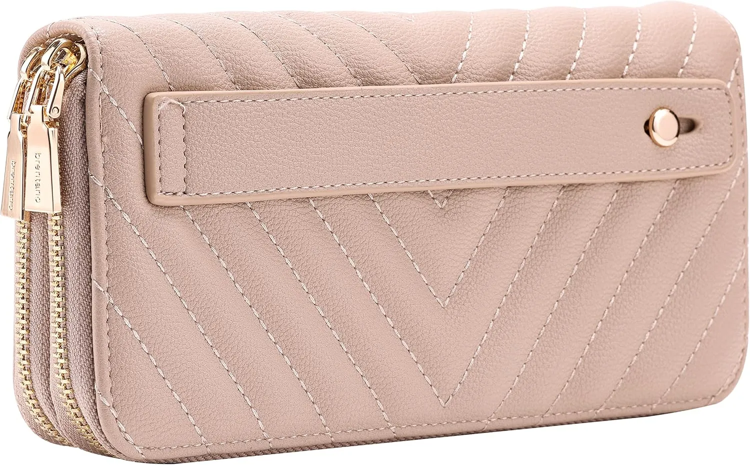 B BRENTANO Vegan Leather Double Zipper Pocket Wallet with Grip Hand Strap (Chevron Embroidered Almond Beige)