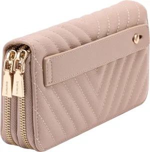 B BRENTANO Vegan Leather Double Zipper Pocket Wallet with Grip Hand Strap (Chevron Embroidered Almond Beige)