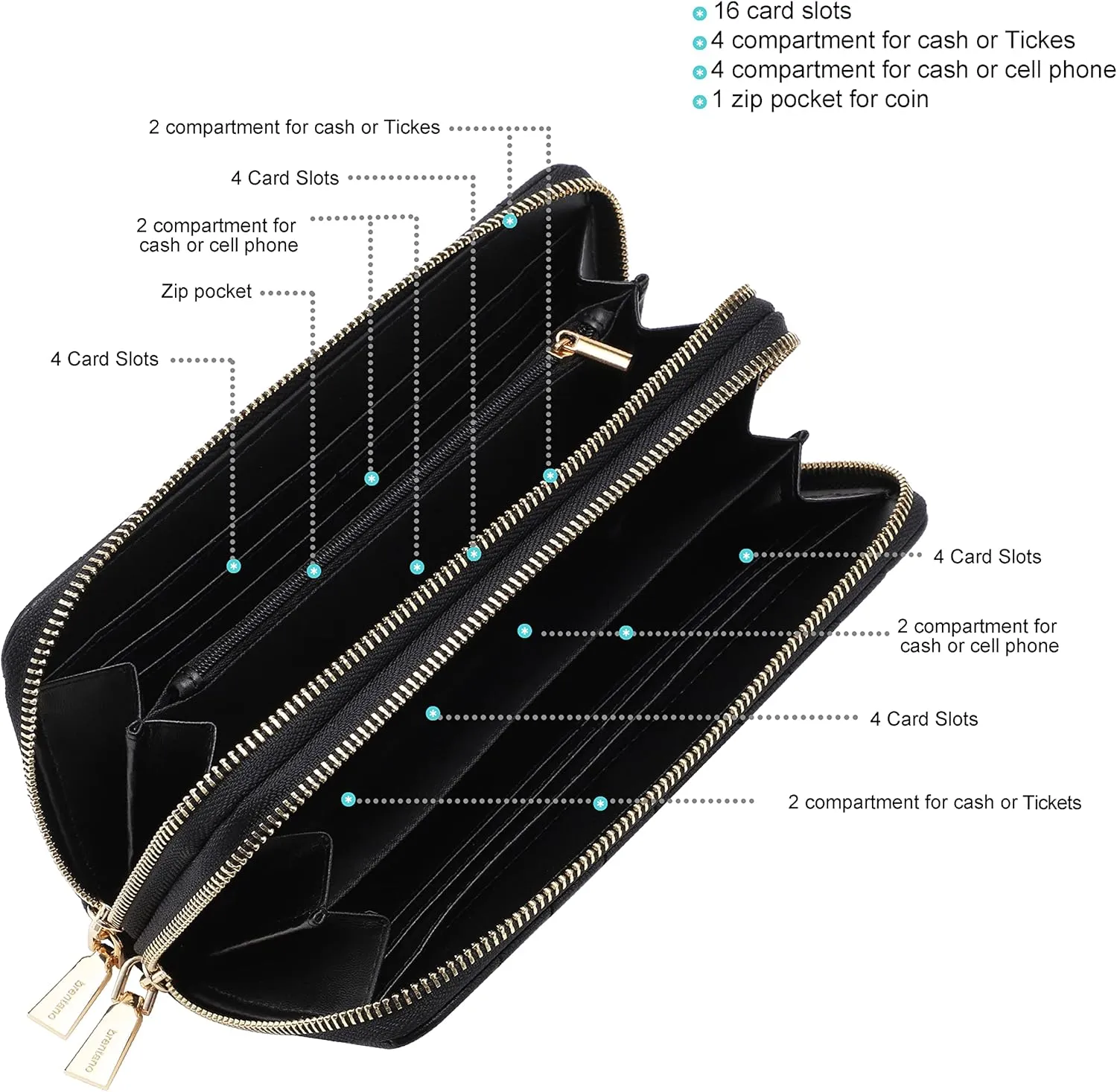 B BRENTANO Vegan Leather Double Zipper Pocket Wallet with Grip Hand Strap (Chevron Embroidered Black)