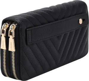 B BRENTANO Vegan Leather Double Zipper Pocket Wallet with Grip Hand Strap (Chevron Embroidered Black)