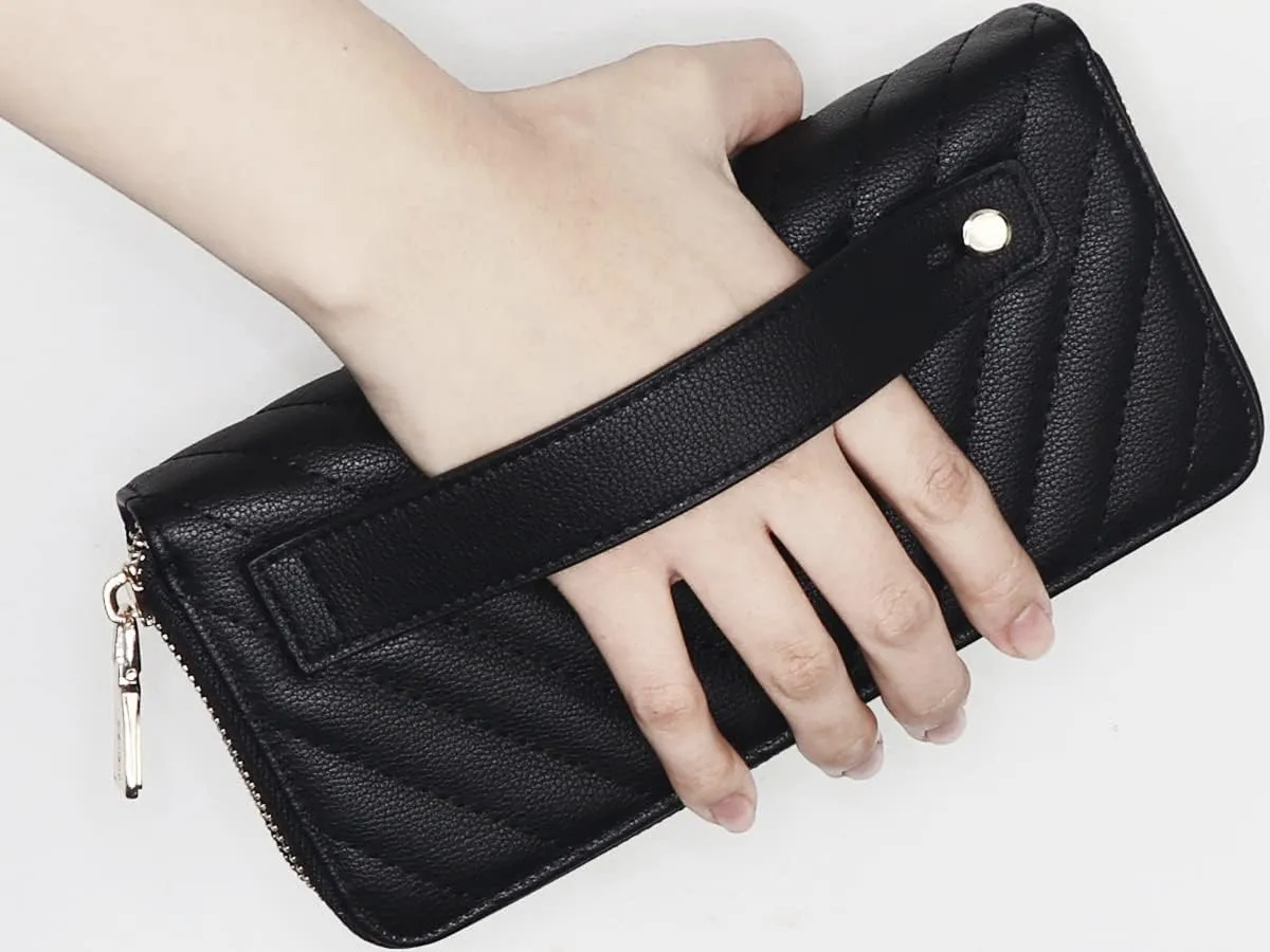 B BRENTANO Vegan Leather Double Zipper Pocket Wallet with Grip Hand Strap (Chevron Embroidered Black)