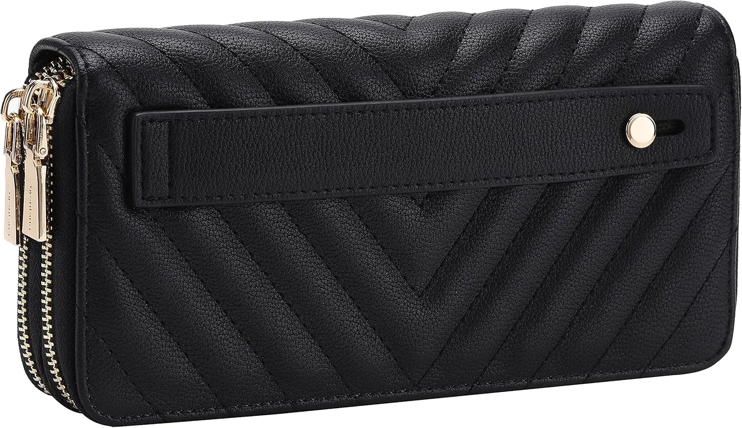 B BRENTANO Vegan Leather Double Zipper Pocket Wallet with Grip Hand Strap (Chevron Embroidered Black)