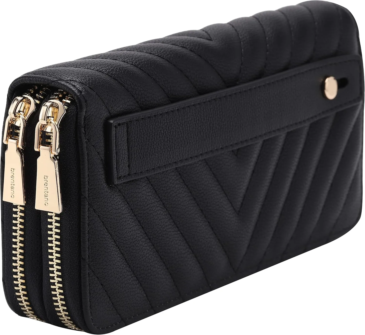 B BRENTANO Vegan Leather Double Zipper Pocket Wallet with Grip Hand Strap (Chevron Embroidered Black)