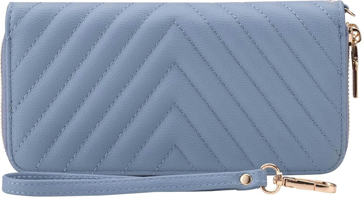 B BRENTANO Vegan Leather Double Zipper Pocket Wallet with Grip Hand Strap (Chevron Embroidered Blue)