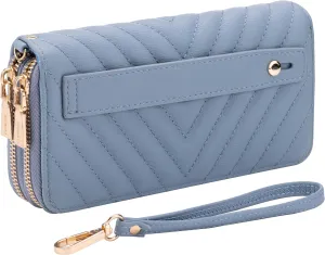 B BRENTANO Vegan Leather Double Zipper Pocket Wallet with Grip Hand Strap (Chevron Embroidered Blue)