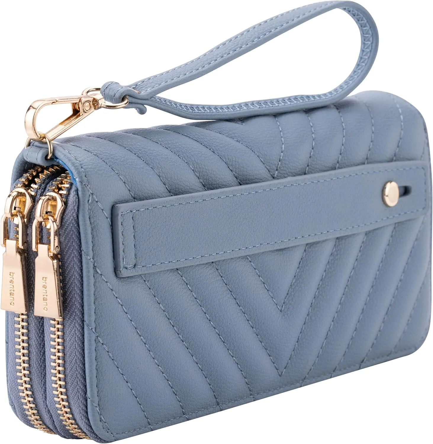 B BRENTANO Vegan Leather Double Zipper Pocket Wallet with Grip Hand Strap (Chevron Embroidered Blue)