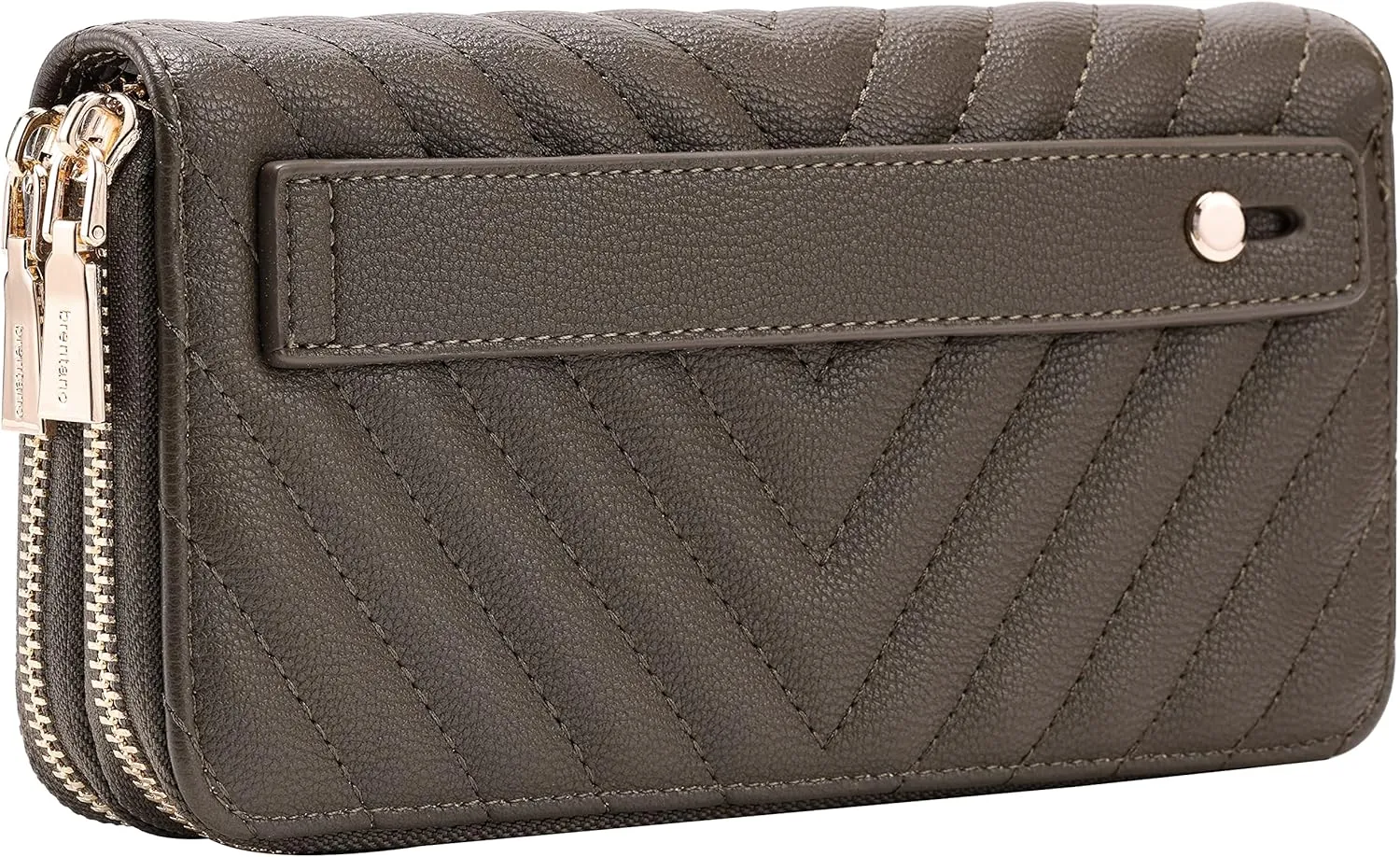 B BRENTANO Vegan Leather Double Zipper Pocket Wallet with Grip Hand Strap (Chevron Embroidered Olive)