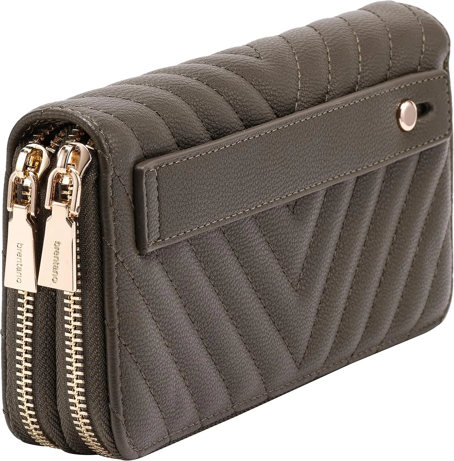 B BRENTANO Vegan Leather Double Zipper Pocket Wallet with Grip Hand Strap (Chevron Embroidered Olive)