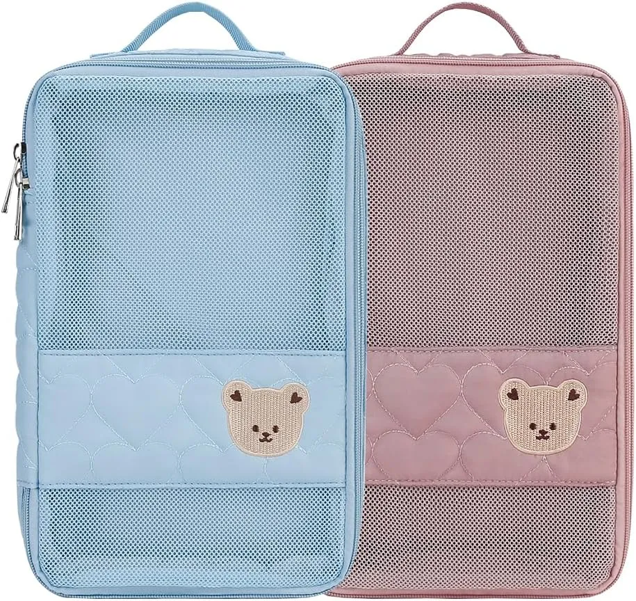 Baby Diaper Bag Organizer Pouches - 2 Pack Waterproof Pod Hanging Diaper Bag Cute Bear Mesh Bag Reusable, Washable or Baby Cloth Diapers (Pink&Blue)