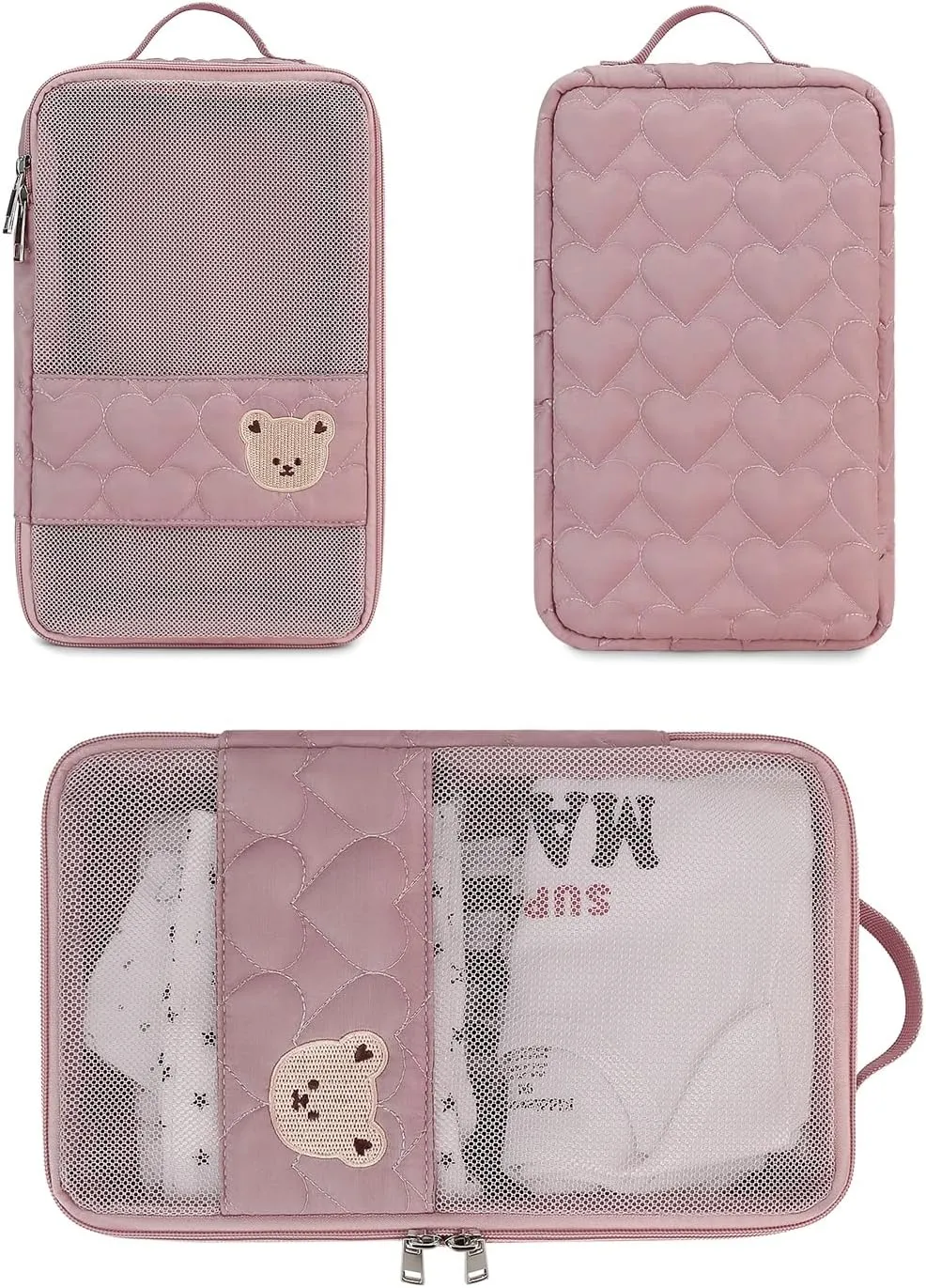 Baby Diaper Bag Organizer Pouches - 2 Pack Waterproof Pod Hanging Diaper Bag Cute Bear Mesh Bag Reusable, Washable or Baby Cloth Diapers (Pink&Blue)