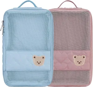 Baby Diaper Bag Organizer Pouches - 2 Pack Waterproof Pod Hanging Diaper Bag Cute Bear Mesh Bag Reusable, Washable or Baby Cloth Diapers (Pink&Blue)